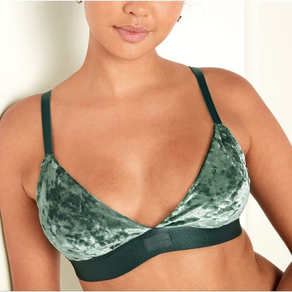 Victoria's Secret Pink Forest Green Velvet Triangle Bralette Bra Boho size Large